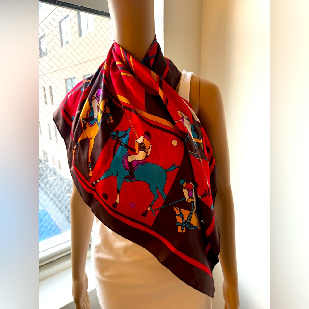 AUTH VINTAGE CHRISTIAN DIOR 78cm x 78cm LARGE MULTICOLOR JOCKEY RED SCARF SILK